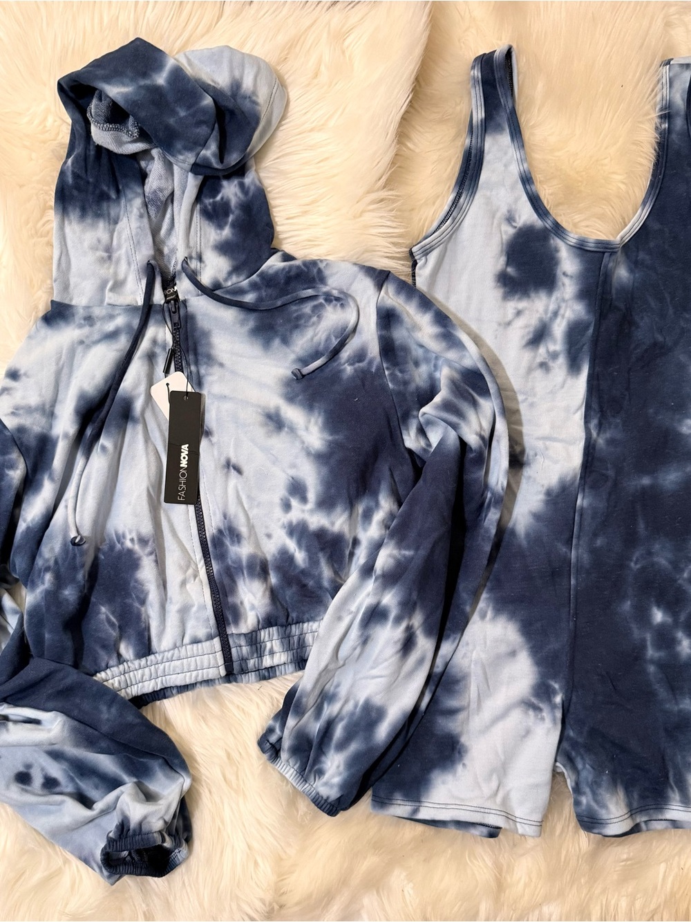 Fashion Nova Navy & White Tie-Dye Hoodie and romper Set